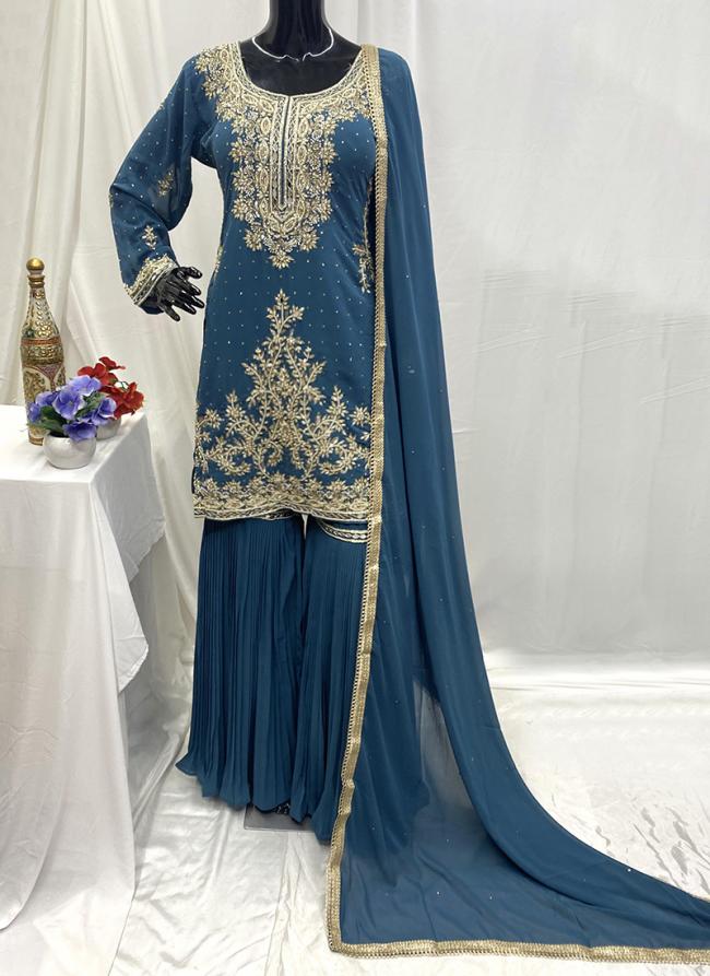 Georgette Sea Blue Wedding Wear Hand Work Readymade Sharara Suit